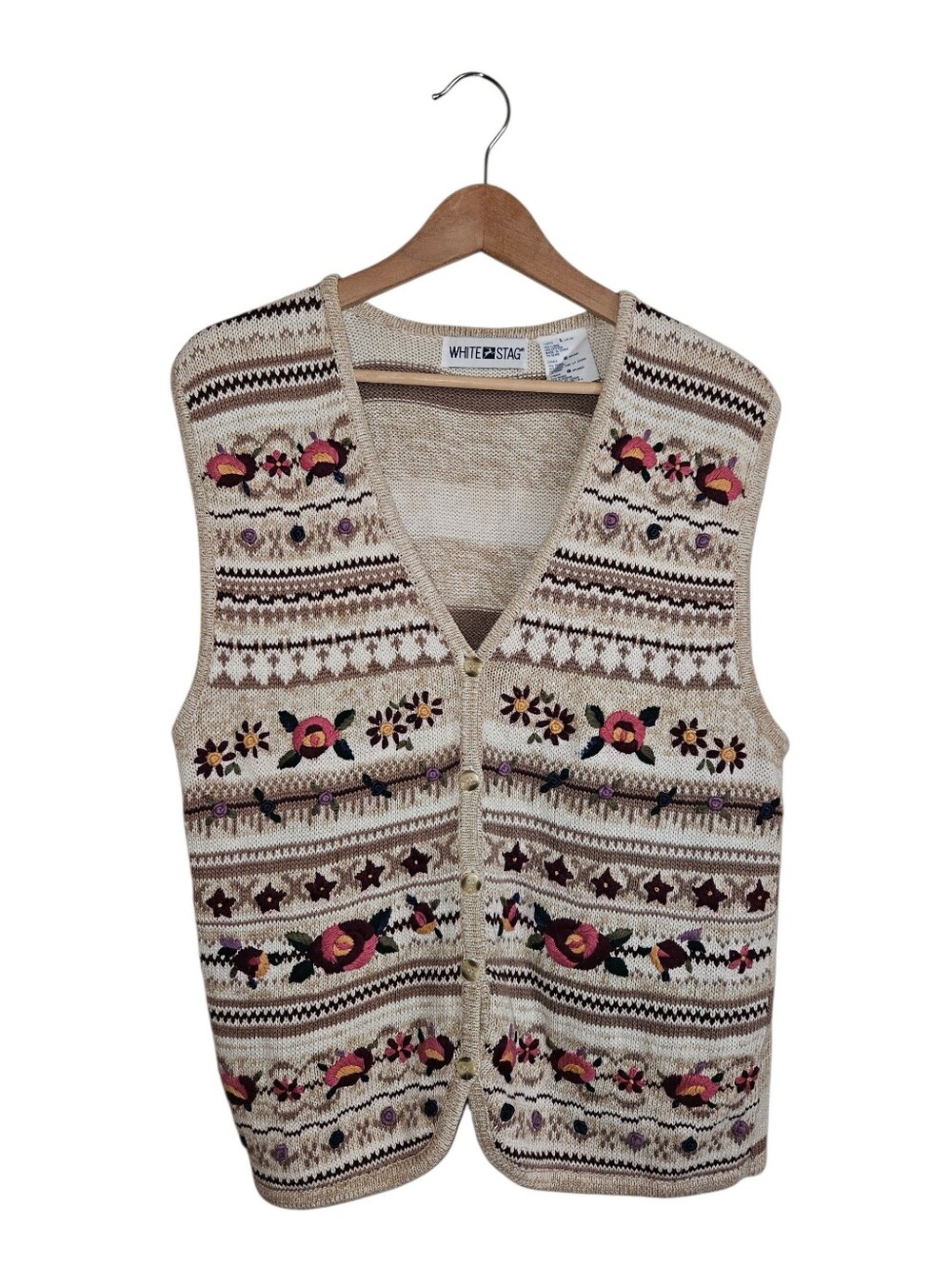Vimtage Floral Embroidered Cottagecore Knit Button-down Vest Size L